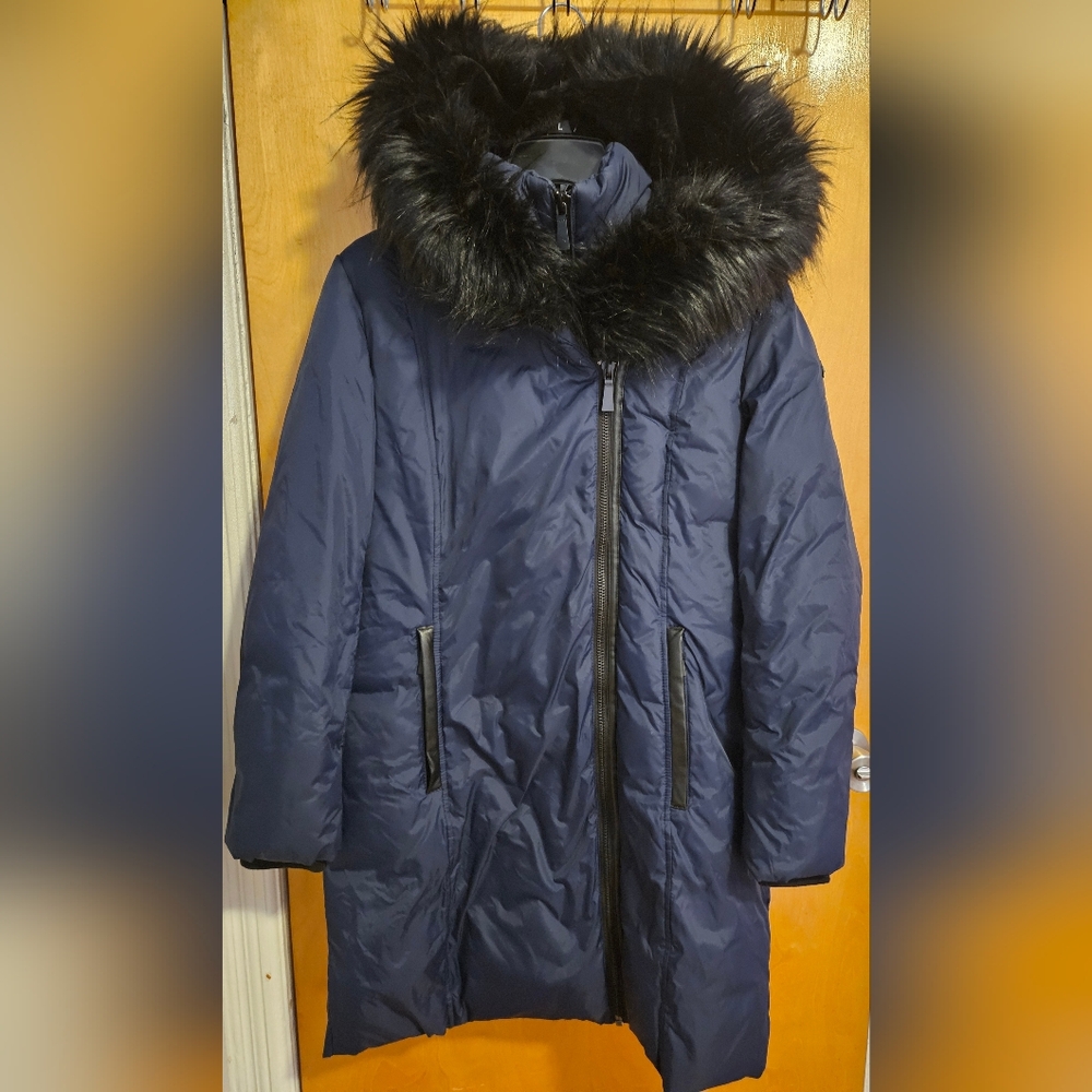 DKNY Womens Navy Blue Parka with Faux Fur Trim Coat SMALL